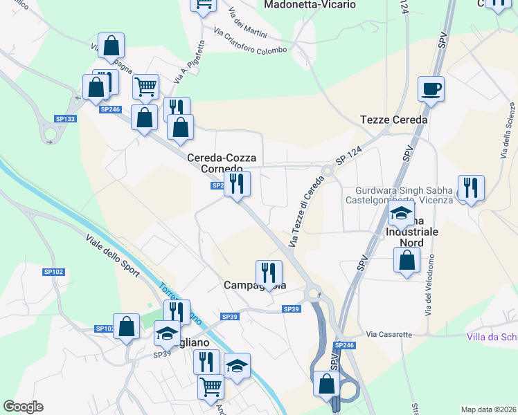 map of restaurants, bars, coffee shops, grocery stores, and more near 113 Via Monte Verlaldo in Cereda-cozza Cornedo