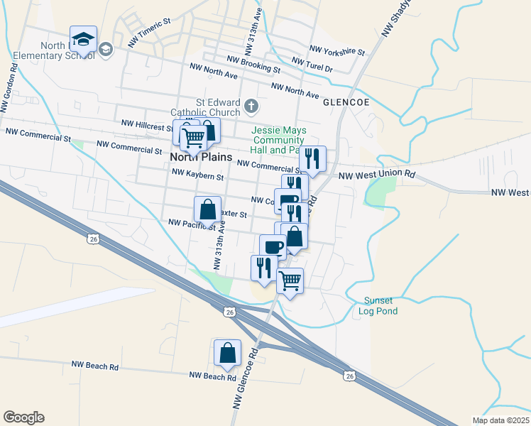 map of restaurants, bars, coffee shops, grocery stores, and more near 31033 Northwest Claxter Street in North Plains