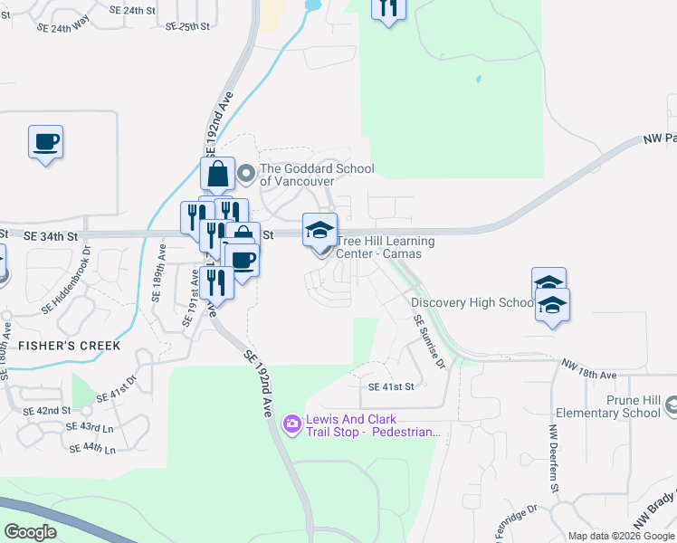 map of restaurants, bars, coffee shops, grocery stores, and more near 3527 Southeast 197th Avenue in Camas