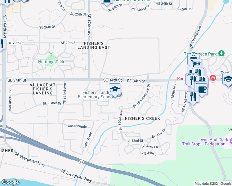 map of restaurants, bars, coffee shops, grocery stores, and more near 3800 Southeast Hiddenbrook Drive in Vancouver