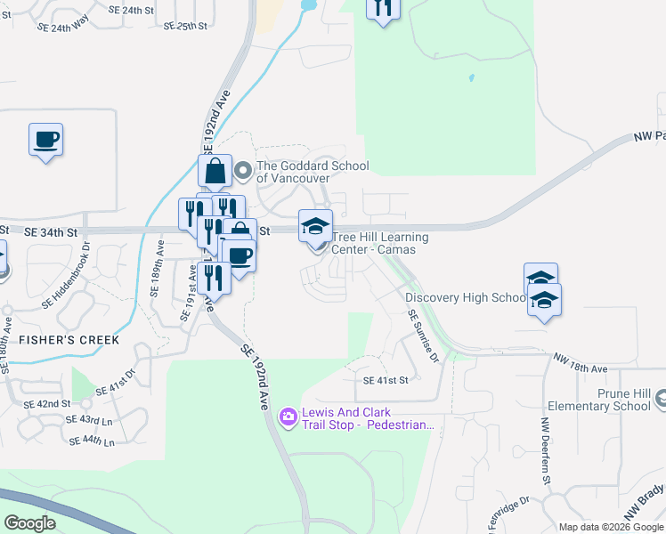 map of restaurants, bars, coffee shops, grocery stores, and more near 3527 Southeast 197th Avenue in Camas