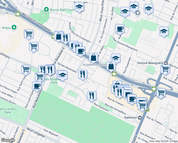 map of restaurants, bars, coffee shops, grocery stores, and more near 6213 Avenue de la Mayenne in Montréal
