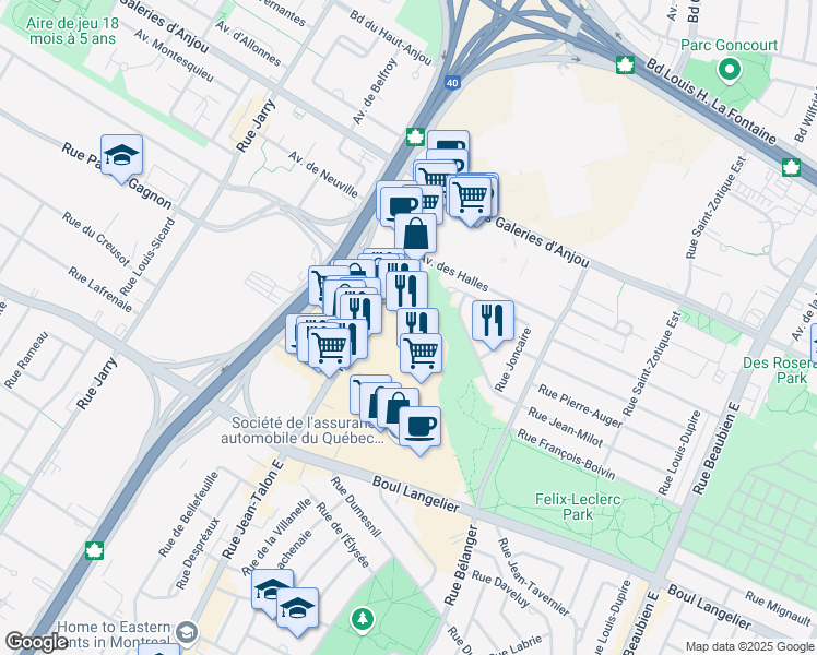 map of restaurants, bars, coffee shops, grocery stores, and more near 6872 Rue Jean-Talon Est in Montréal