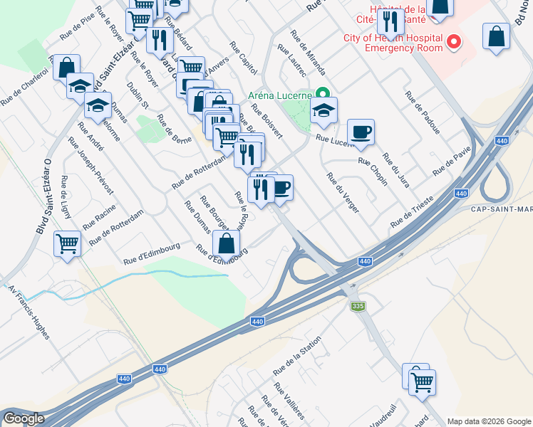 map of restaurants, bars, coffee shops, grocery stores, and more near 1670 Boulevard des Laurentides in Laval
