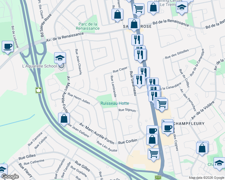 map of restaurants, bars, coffee shops, grocery stores, and more near 6776 Rue Lamirande in Laval
