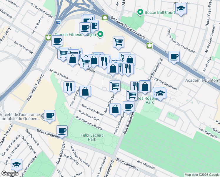 map of restaurants, bars, coffee shops, grocery stores, and more near 7265 Avenue de Beaufort in Montrã©Al