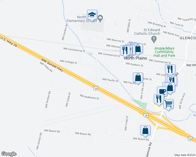 map of restaurants, bars, coffee shops, grocery stores, and more near 31889 Northwest Pacific Street in North Plains
