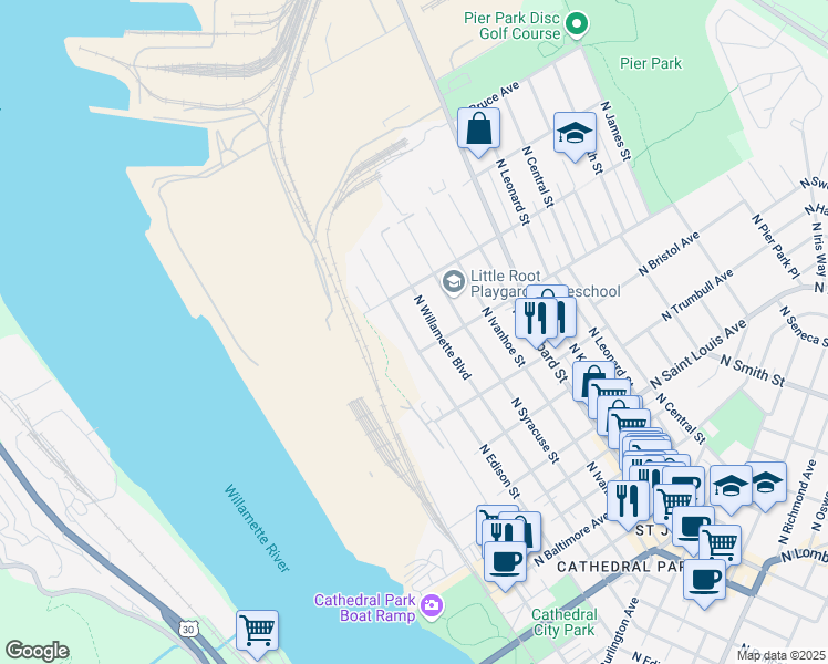 map of restaurants, bars, coffee shops, grocery stores, and more near 9735 North Edison Street in Portland