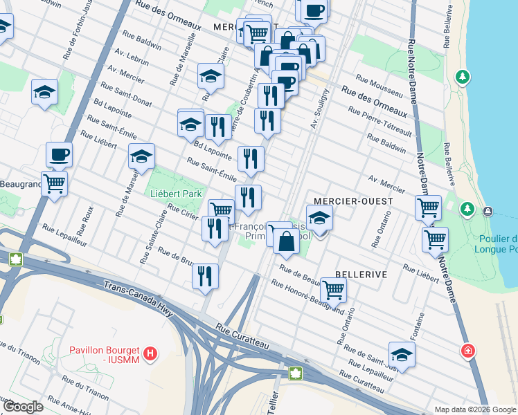 map of restaurants, bars, coffee shops, grocery stores, and more near 8175 Rue A. A. Desroches in Montreal