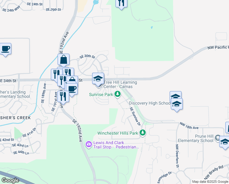 map of restaurants, bars, coffee shops, grocery stores, and more near 19808 Southeast 36th Street in Camas