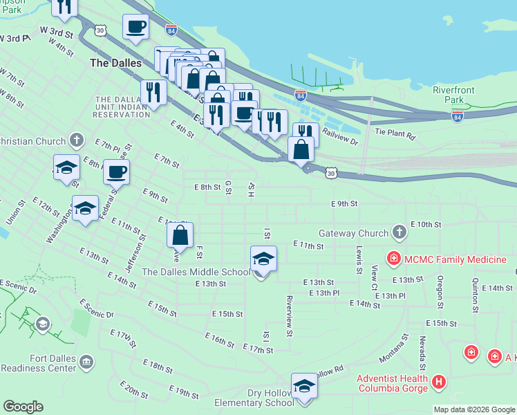 map of restaurants, bars, coffee shops, grocery stores, and more near 1112 East 9th Street in The Dalles