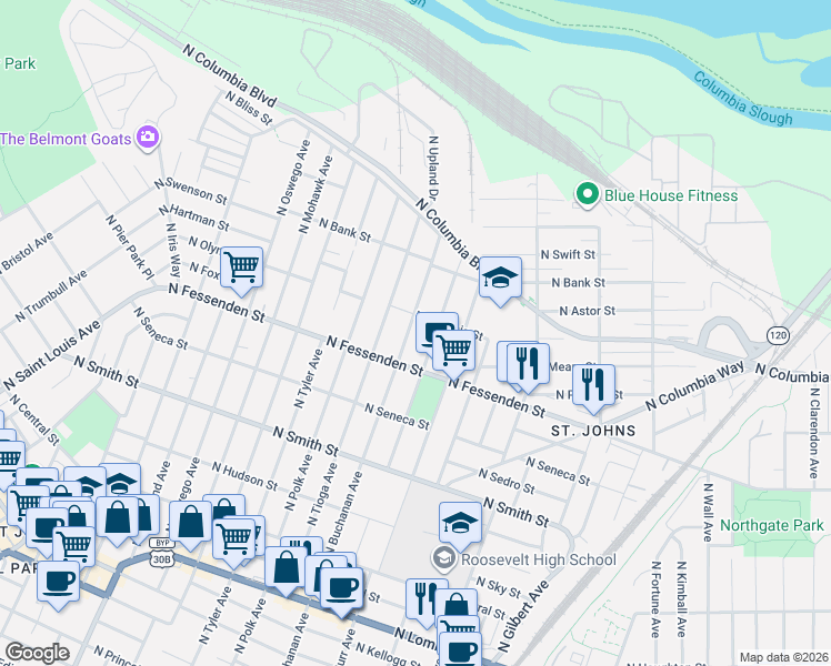 map of restaurants, bars, coffee shops, grocery stores, and more near 9562 North Buchanan Avenue in Portland