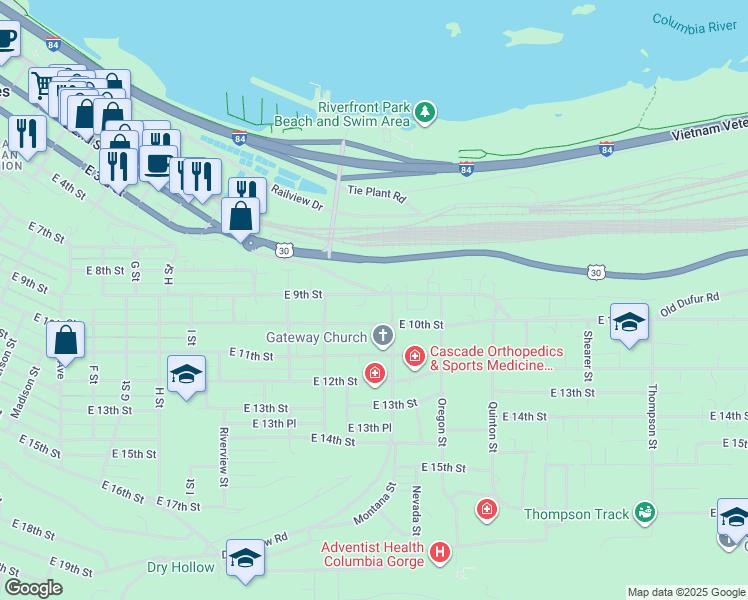 map of restaurants, bars, coffee shops, grocery stores, and more near 1622 East 9th Street in The Dalles