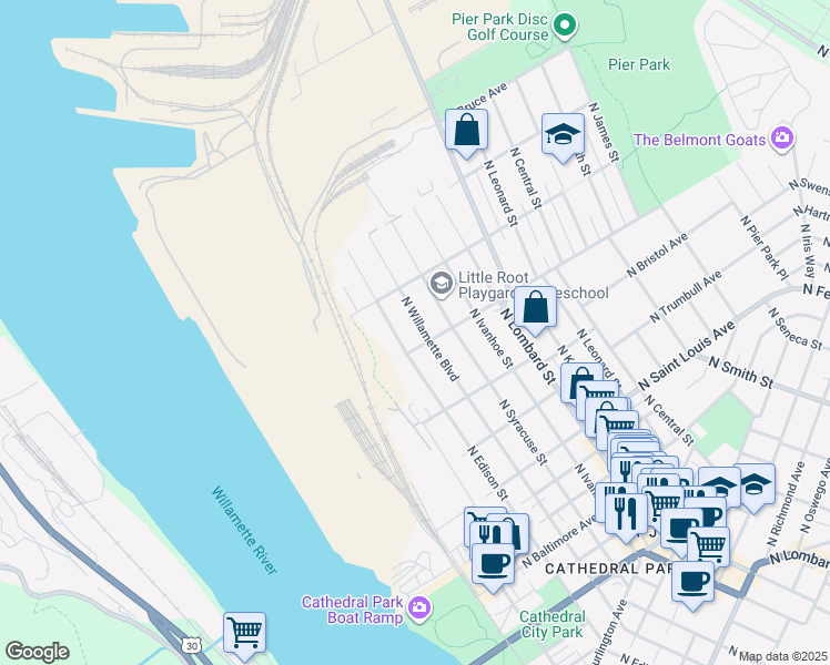 map of restaurants, bars, coffee shops, grocery stores, and more near 9725 North Edison Street in Portland