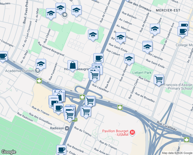 map of restaurants, bars, coffee shops, grocery stores, and more near 7780 Rue Sherbrooke Est in Montréal