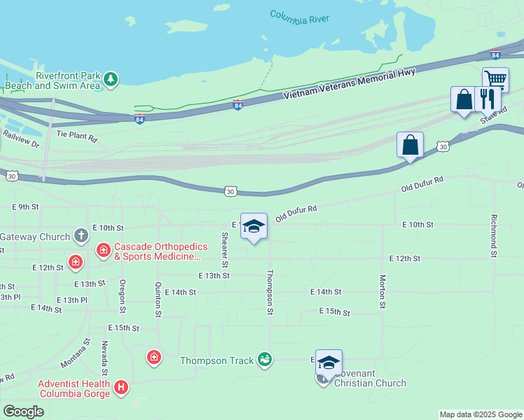 map of restaurants, bars, coffee shops, grocery stores, and more near 2837 East 9th Street in The Dalles