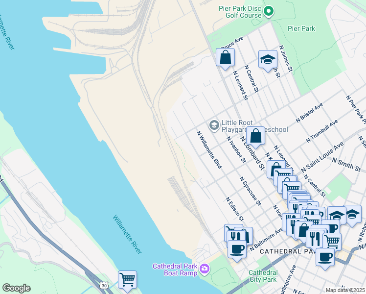 map of restaurants, bars, coffee shops, grocery stores, and more near 9808N North Edison Street in Portland