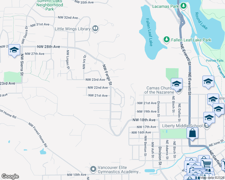 map of restaurants, bars, coffee shops, grocery stores, and more near 2149 Northwest Fargo Loop in Camas
