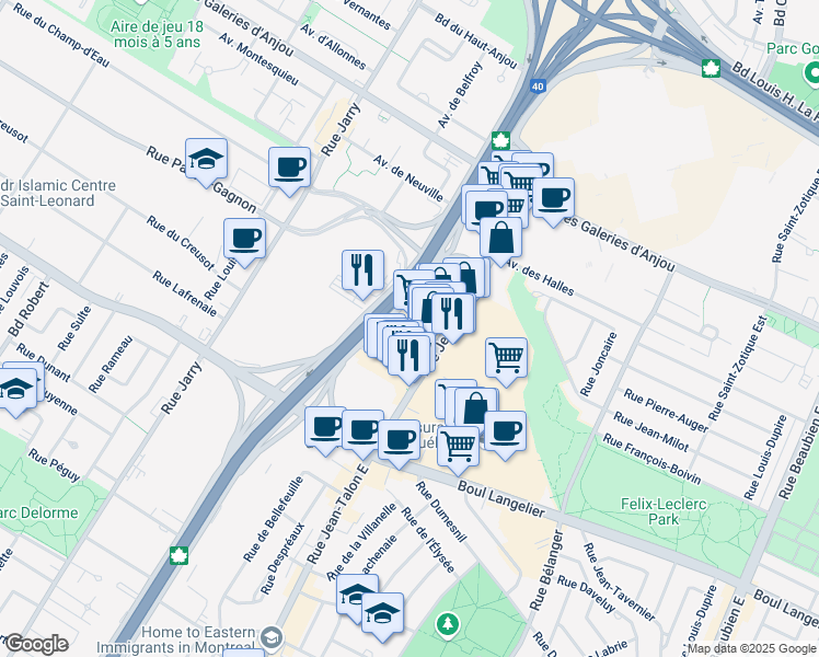 map of restaurants, bars, coffee shops, grocery stores, and more near 6799 Rue Jean-Talon Est in Montréal