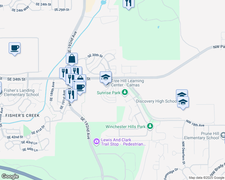 map of restaurants, bars, coffee shops, grocery stores, and more near 3515 Southeast 197th Avenue in Camas