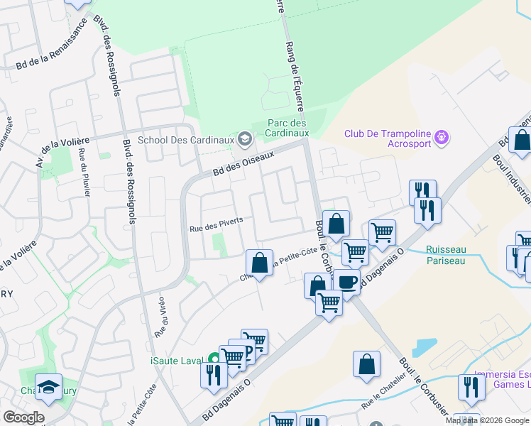 map of restaurants, bars, coffee shops, grocery stores, and more near 5958 Rue des Cardinaux in Laval