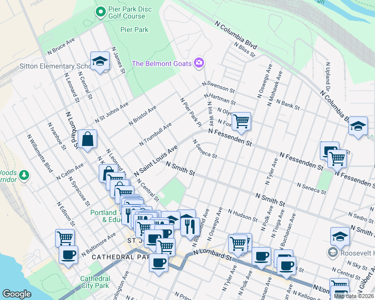 map of restaurants, bars, coffee shops, grocery stores, and more near 9325 North Chicago Avenue in Portland