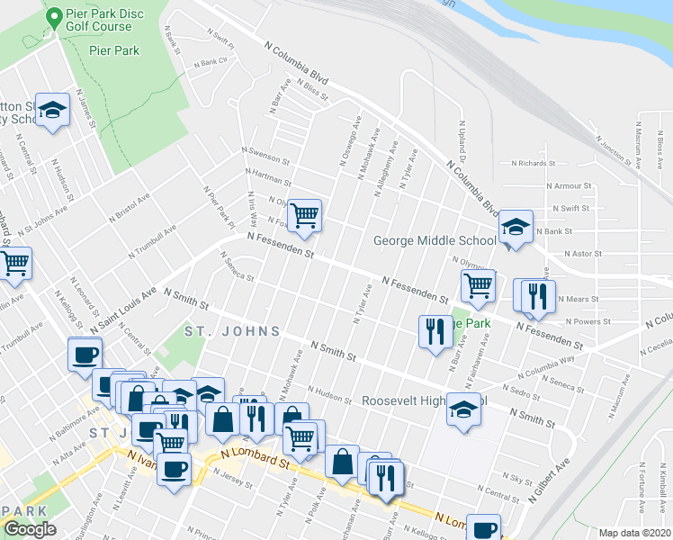 map of restaurants, bars, coffee shops, grocery stores, and more near 7928-7936 North Fessenden Street in Portland
