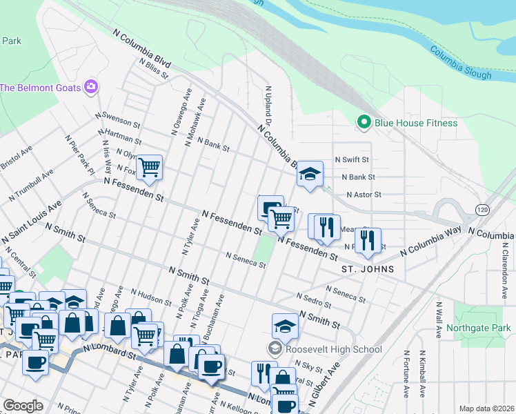 map of restaurants, bars, coffee shops, grocery stores, and more near 9566 North Buchanan Avenue in Portland