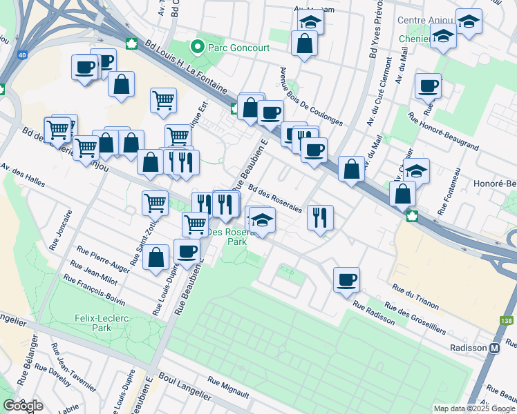 map of restaurants, bars, coffee shops, grocery stores, and more near 6525 Place de la Malicorne in Montréal