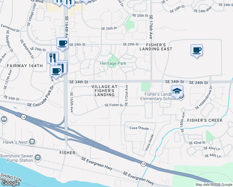 map of restaurants, bars, coffee shops, grocery stores, and more near 3420 Southeast 171st Avenue in Vancouver