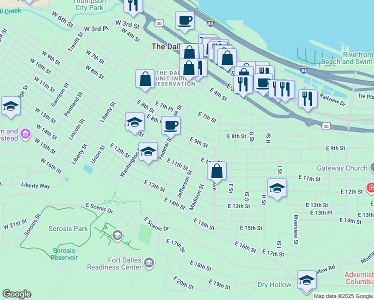 map of restaurants, bars, coffee shops, grocery stores, and more near 503 East 10th Street in The Dalles