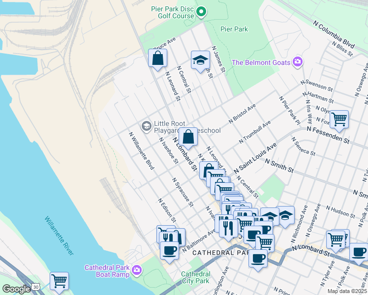 map of restaurants, bars, coffee shops, grocery stores, and more near 9567 North Lombard Street in Portland