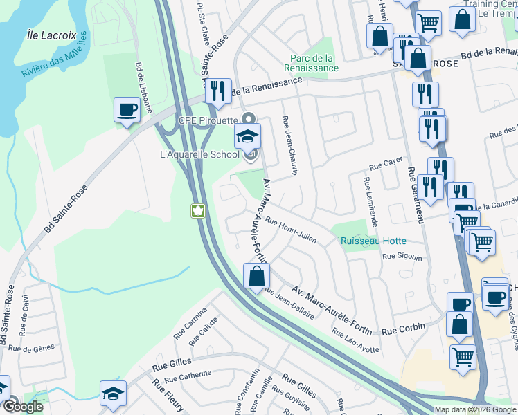 map of restaurants, bars, coffee shops, grocery stores, and more near 811 Avenue Marc Aurèle Fortin in Laval