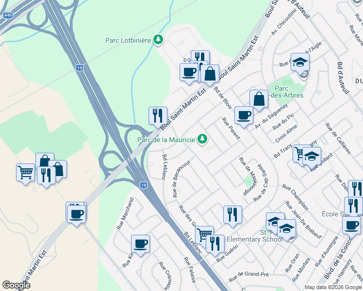 map of restaurants, bars, coffee shops, grocery stores, and more near 1830 Avenue de la Mauricie in Laval