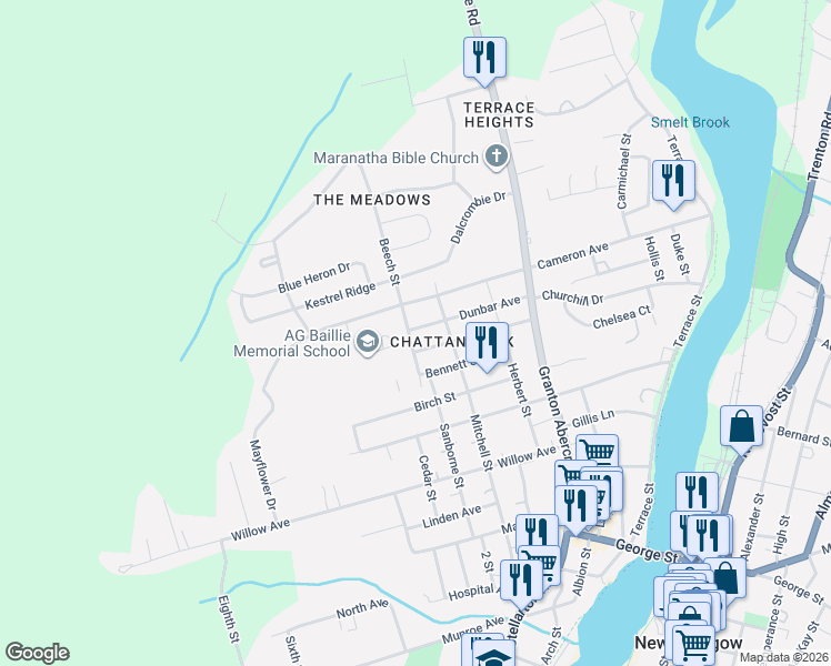 map of restaurants, bars, coffee shops, grocery stores, and more near 336 Beech Street in New Glasgow