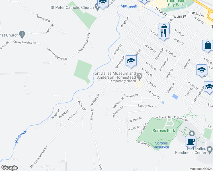 map of restaurants, bars, coffee shops, grocery stores, and more near 1908 Mount Hood Street in The Dalles
