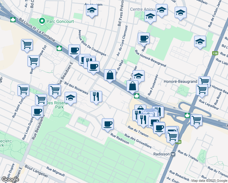 map of restaurants, bars, coffee shops, grocery stores, and more near 7504 Avenue de la Malicorne in Montréal