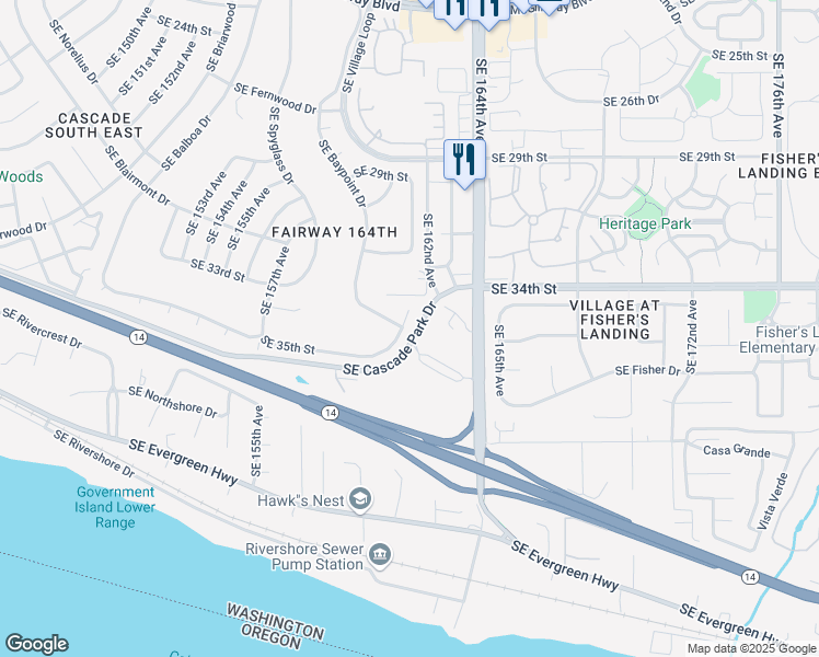map of restaurants, bars, coffee shops, grocery stores, and more near 16019 Southeast 35th Street in Vancouver