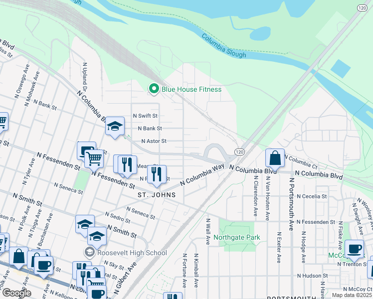 map of restaurants, bars, coffee shops, grocery stores, and more near 10016 North Macrum Avenue in Portland