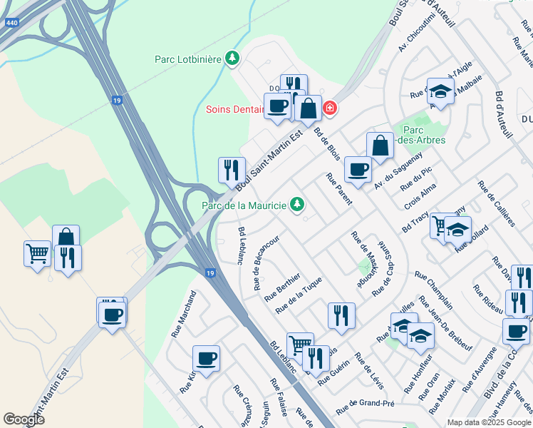 map of restaurants, bars, coffee shops, grocery stores, and more near 1830 Avenue de la Mauricie in Laval
