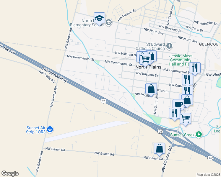 map of restaurants, bars, coffee shops, grocery stores, and more near 31887 Northwest Pacific Street in North Plains