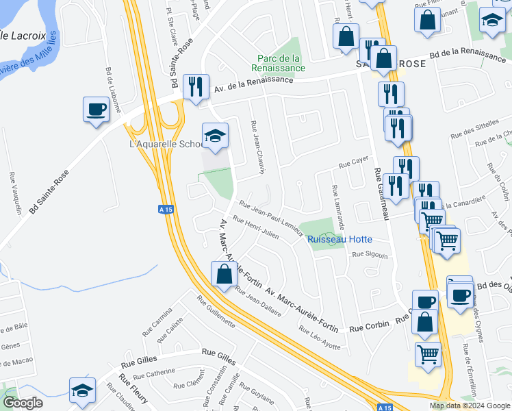 map of restaurants, bars, coffee shops, grocery stores, and more near 6911 Rue Jean-Paul-Lemieux in Laval