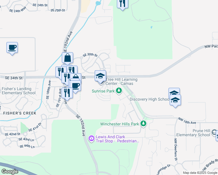 map of restaurants, bars, coffee shops, grocery stores, and more near 3515 Southeast 197th Avenue in Camas