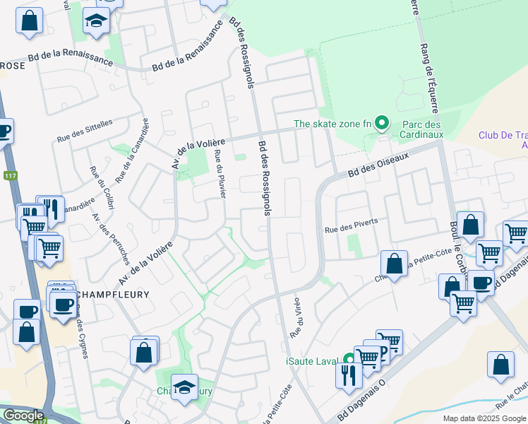 map of restaurants, bars, coffee shops, grocery stores, and more near 2500 Rue de la Perdriole in Laval