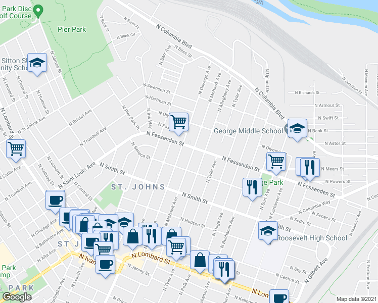 map of restaurants, bars, coffee shops, grocery stores, and more near 7928-7936 North Fessenden Street in Portland