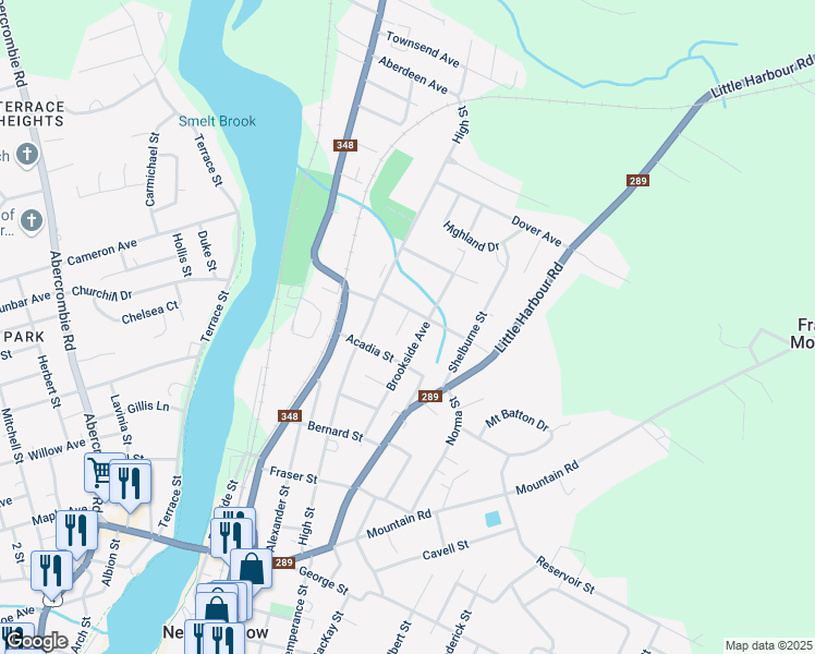 map of restaurants, bars, coffee shops, grocery stores, and more near 353 Brookside Avenue in New Glasgow