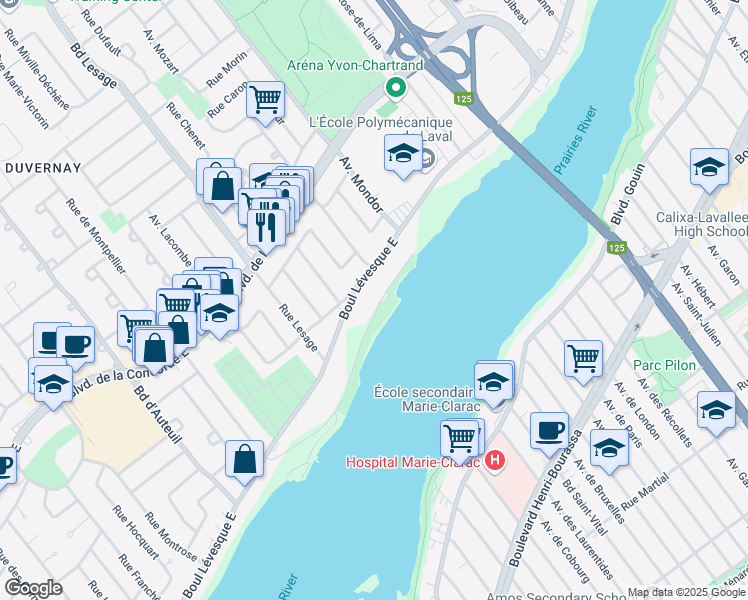 map of restaurants, bars, coffee shops, grocery stores, and more near 3785 Rue du Barrage in Laval