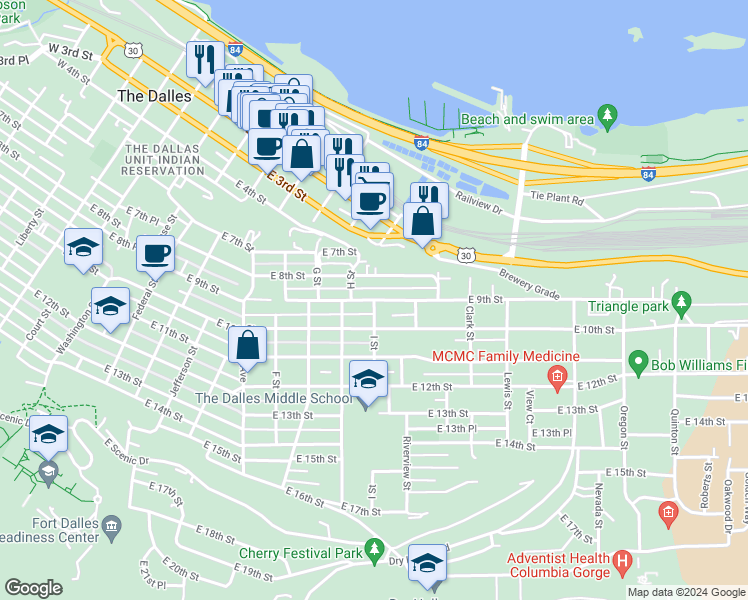 map of restaurants, bars, coffee shops, grocery stores, and more near 900 I Street in The Dalles