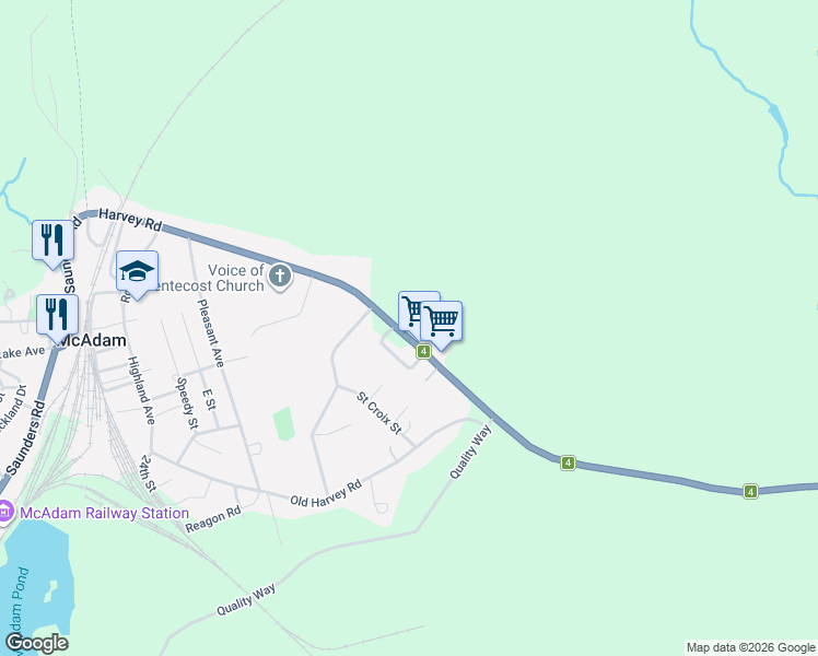 map of restaurants, bars, coffee shops, grocery stores, and more near 153 Harvey Road in McAdam