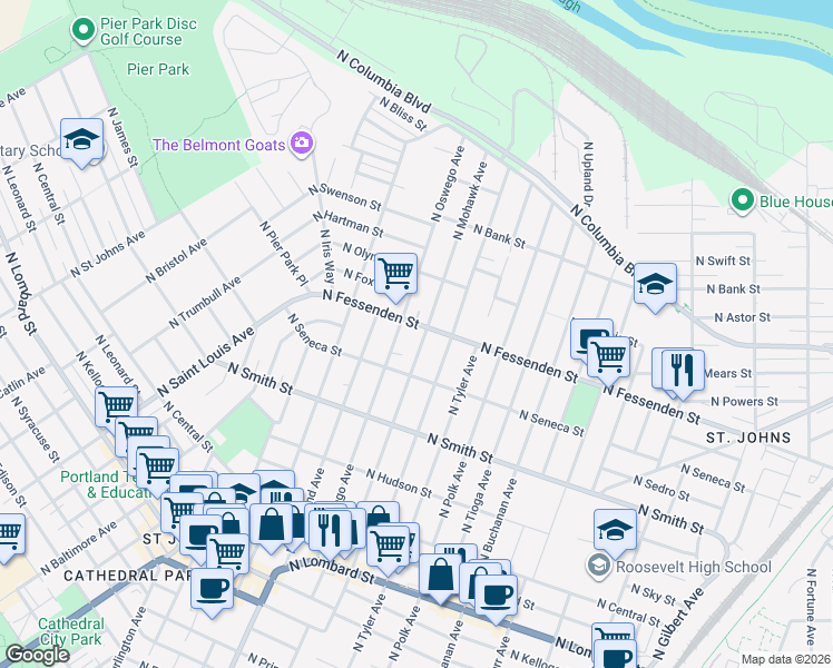 map of restaurants, bars, coffee shops, grocery stores, and more near 9477 North Mohawk Avenue in Portland